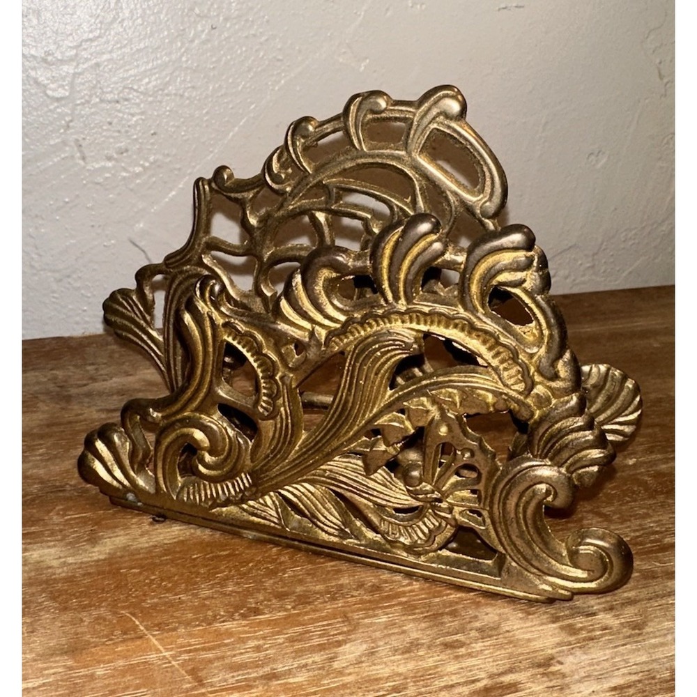 Vintage Teleflora Brass Napkin Letter Holder Ornate Floral Scroll Design